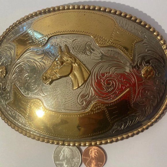Vintage Giant Size 6" x 4" Metal Belt Buckle, Cowboy Style, German Silver, Heavy